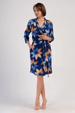 Kadın Süprem Lacivert Desenli Yarım Kollu Cepli Kuşaklı Sabahlık