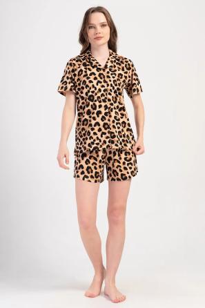 Kadın Süprem Leopar Gömlek Şort Pijama Takım