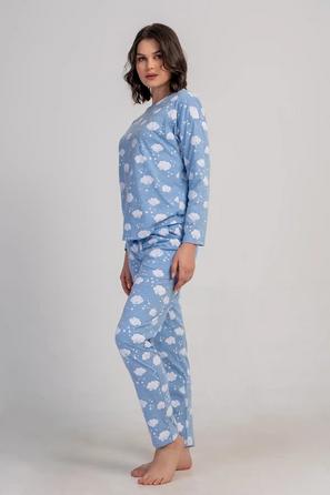 Kadın Süprem Mavi Bulut Desenli Cepli Uzun Kollu Pijama Takımı