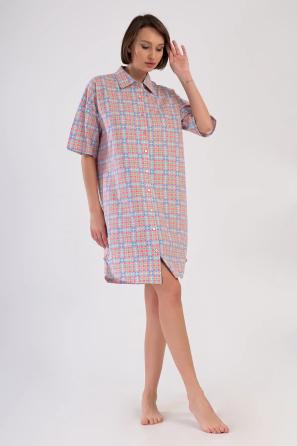 Kadın Süprem Mavi Ekoseli Düğmeli Kısa Kollu Gömlek Tunik