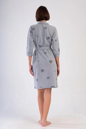 Kadın Süprem Melanj Gri Desenli Cepli Yarım Kollu Kuşaklı Sabahlık