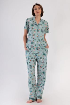 Kadın Süprem Mint Yeşili Gömlek Yaka Düğmeli Kısa Kollu Cepli Pijama Takımı