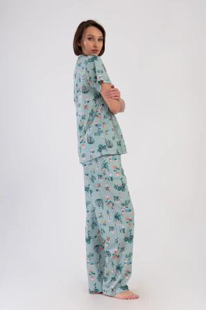 Kadın Süprem Mint Yeşili Gömlek Yaka Düğmeli Kısa Kollu Cepli Pijama Takımı