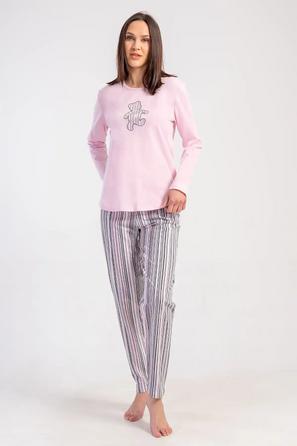 Kadın Süprem Pembe Gri Desenli Çizgili Uzun Kollu Pijama Takım