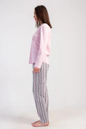 Kadın Süprem Pembe Gri Desenli Çizgili Uzun Kollu Pijama Takım