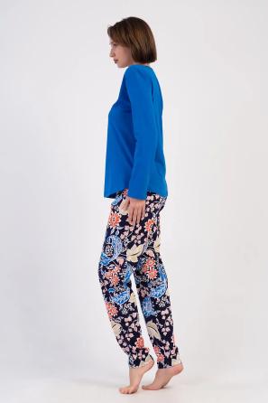 Kadın Süprem Uzun Kollu Lacivert Desenli Pijama Takım