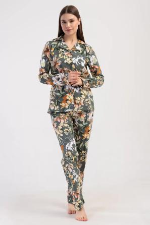 Kadın Süprem Yeşil Çiçek Desenli Gömlek Uzun Kollu Pijama Takımı
