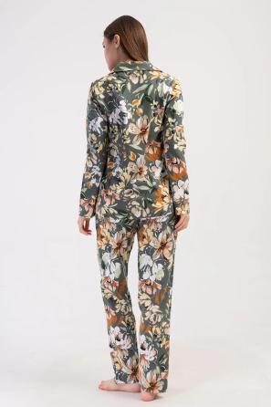 Kadın Süprem Yeşil Çiçek Desenli Gömlek Uzun Kollu Pijama Takımı