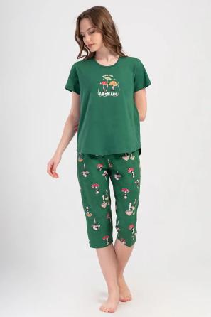 Kadın Süprem Yeşil Mantar Desenli Kapri Pijama Takım