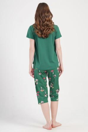 Kadın Süprem Yeşil Mantar Desenli Kapri Pijama Takım