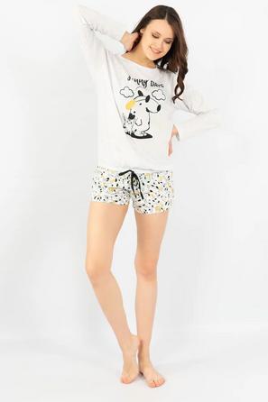 Kadın Beyaz Süprem Yuvarlak Yaka Düşük Omuzlu Uzun Kol Şort Pijama Takım