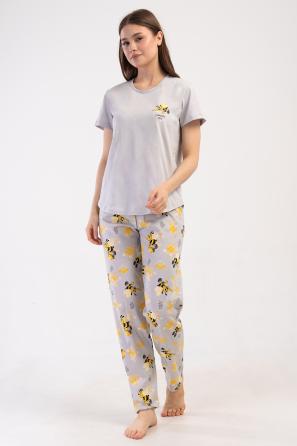 Kadın Taş Rengi Süprem O Yaka Kısa Kol Arılı Pijama Takım 