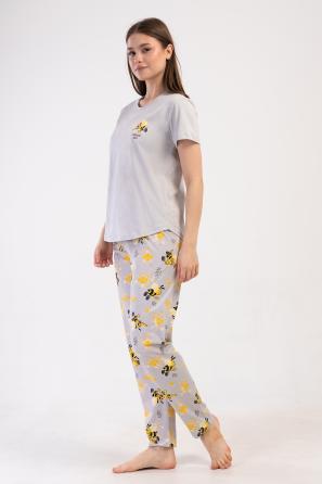 Kadın Taş Rengi Süprem O Yaka Kısa Kol Arılı Pijama Takım 