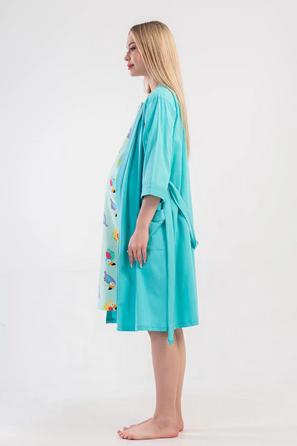 Kadın Turkuaz Desenli Çift Patlı Kısa Kol Hamile Tunik ve Sabahlık