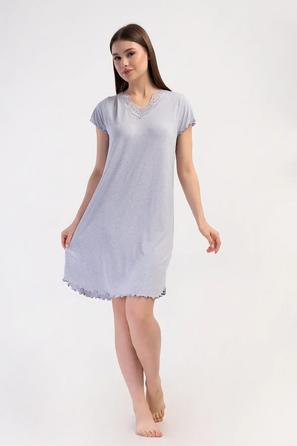 Kadın Viskon Füme Puantiye Detaylı V Yaka Kısa Kollu Gecelik Tunik