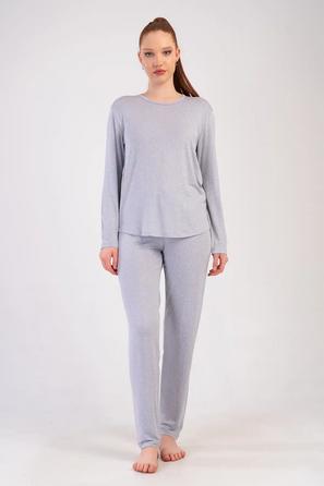 Kadın Viskon Gri Uzun Kollu Pijama Takım