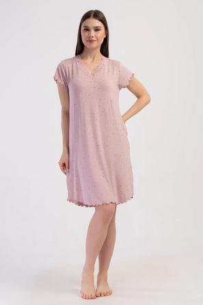 Kadın Viskon Pembe Dantel Detaylı V Yaka Kısa Kollu Gecelik Tunik