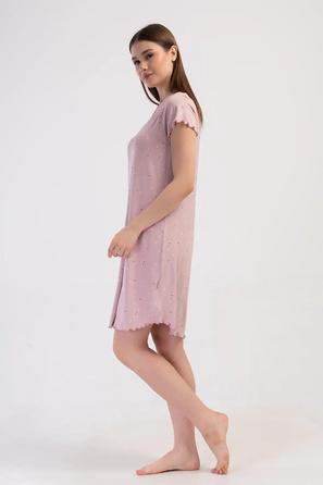Kadın Viskon Pembe Dantel Detaylı V Yaka Kısa Kollu Gecelik Tunik