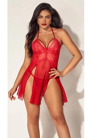 Kırmızı Dantel Boyundan Bağlamalı Göğüs Detaylı Kadın Gecelik Takımı