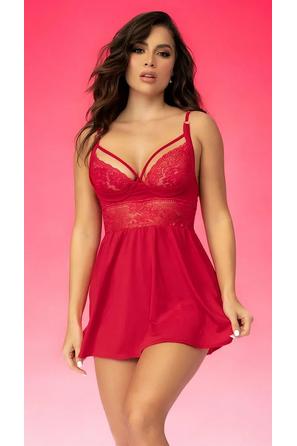 Kırmızı Dantel Detaylı Kadın Mini Gecelik