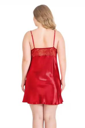 Kırmızı Dantelli Büyük Beden Kısa Saten Gecelik