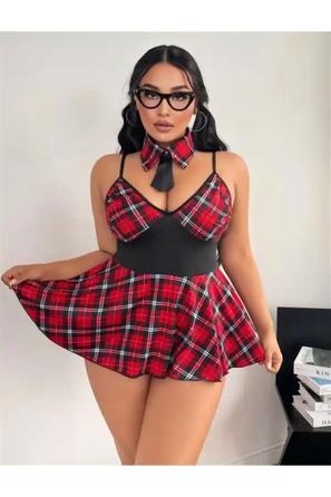 Kırmızı Ekose Kumaş Kravatlı Kadın İp Askılı Fantezi Kostüm