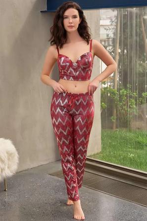 Kırmızı Kadife Parlak Baskılı Fermuarlı Balenli Destekli Dolgulu İnce Askılı Büstiyerli Kadın Pijama Takımı