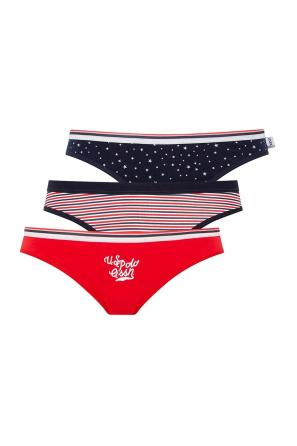 Kırmızı Lacivert Çizgili Yıldız Desenli Pamuklu Kadın Slip 3’lü Set U.S. Polo Assn.