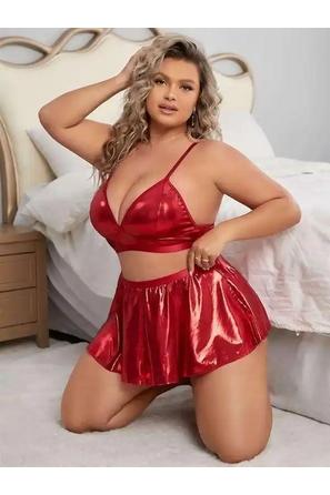 Kırmızı Parlak Deri Kadın İp Askılı Etekli Fantezi Kostüm