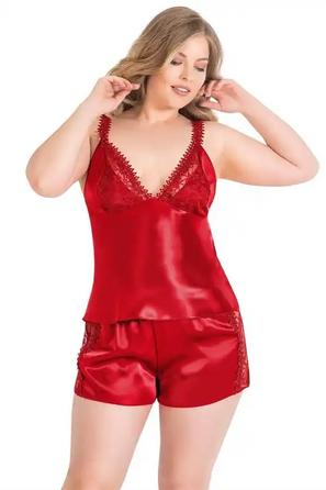 Kırmızı Saten Dantel Detaylı Büyük Beden Şortlu Takım