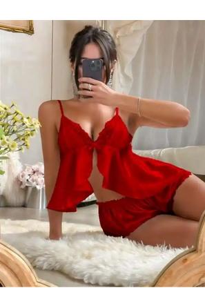 Kırmızı Saten İnce Askılı Dantel Detaylı Kadın Şortlu Pijama Takımı
