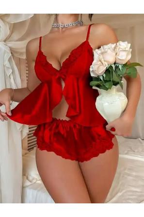 Kırmızı Saten İnce Askılı Dantel Detaylı Kadın Şortlu Pijama Takımı