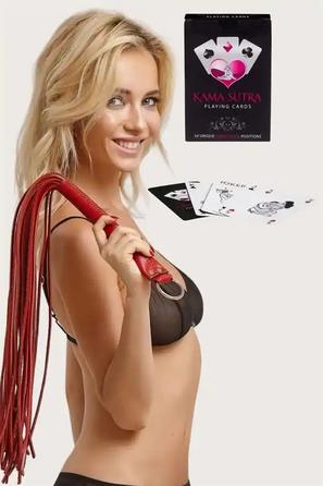 Kırmızı Suni Deri Kırbaç ve Kama Sutra Oyun Kartı Seti