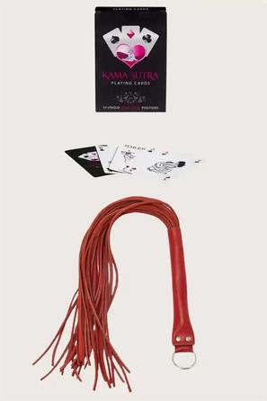 Kırmızı Suni Deri Kırbaç ve Kama Sutra Oyun Kartı Seti