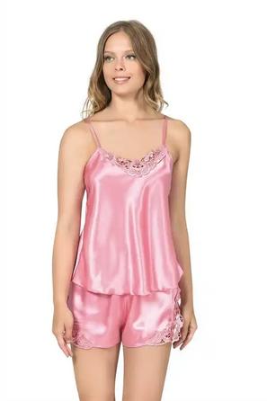 Koyu Pembe Saten Dantel Detaylı Kadın İp Askılı Fantezi Şortlu Takım