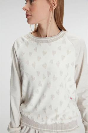 Krem Rengi Pamuklu Kalp Desenli Uzun Kollu Kadın Pijama Takımı 