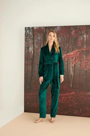 Kruvaze Yaka Kadife Yeşil Pijama Takımı