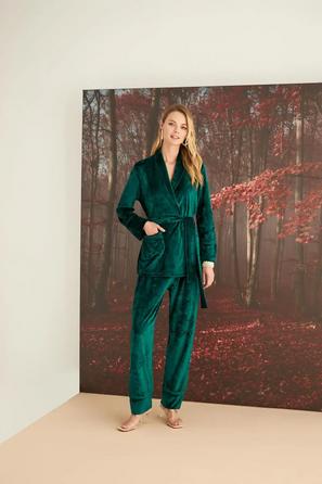 Kruvaze Yaka Kadife Yeşil Pijama Takımı