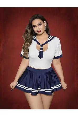 Lacivert Beyaz Kısa Kollu Kravat Detaylı Mini Etekli Kadın Fantezi Denizci Kostüm
