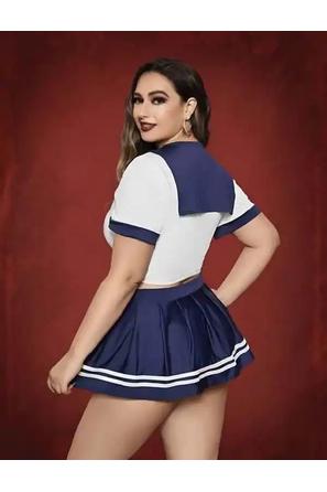 Lacivert Beyaz Kısa Kollu Kravat Detaylı Mini Etekli Kadın Fantezi Denizci Kostüm
