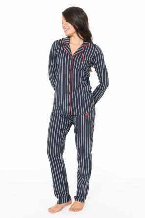 Lacivert Çizgili Kadın Uzun Kollu Gömlek Yaka Pijama Takımı U.S. Polo Assn.