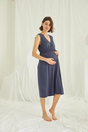 Dantelli Önü Düğmeli Lacivert Hamile Lohusa Gecelik