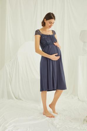 Dantelli Önü Düğmeli Lacivert Hamile Lohusa Gecelik