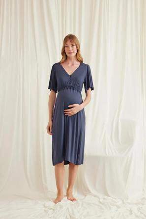 Dantelli Önü Düğmeli Lacivert Hamile Lohusa Gecelik