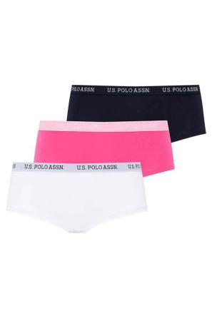 Lacivert Fuşya Beyaz Pamuk Karışımlı Logo Yazılı Lastik Bel Kadın 3'lü Şort Külot U.S. Polo Assn.