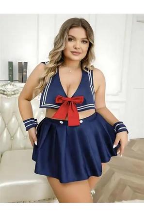 Lacivert Kurdele Detaylı Kolsuz Kadın Fantezi Denizci Kostüm