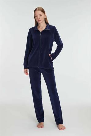 Lacivert Pamuklu Fermuarlı Sweatshirt Pantolon Pijama Takımı