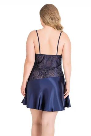 Lacivert Saten Dantel Detaylı Büyük Beden Gecelik