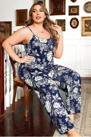 Lacivert Saten İnce Askılı Çiçek Desenli Büyük Beden 2 li Pijama Takımı