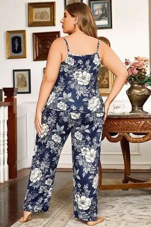 Lacivert Saten İnce Askılı Çiçek Desenli Büyük Beden 2 li Pijama Takımı